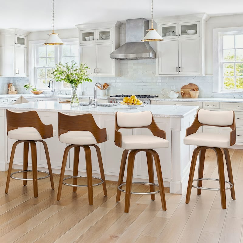 26.in Counter Height Stool Swivel Wooden Faux Leather Bar Stool with Curved Back - Ivory - Set of 4