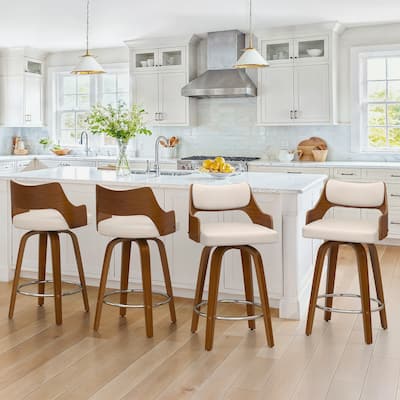 26.in Counter Height Stool Swivel Wooden Faux Leather Bar Stool with Curved Back