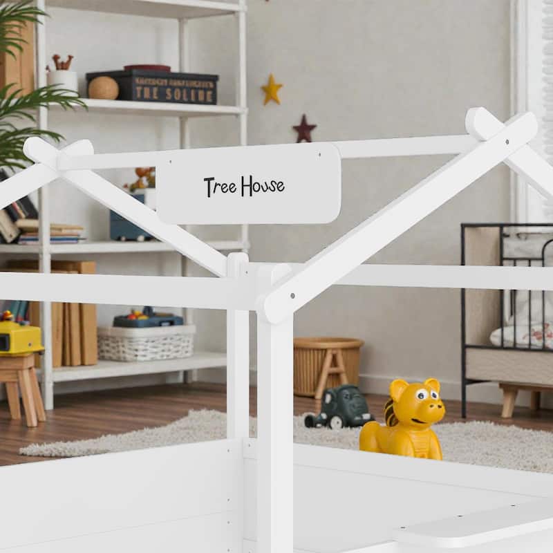 Kids House Floor Bed with Guardrails and Roof, Built-in Tray and Signboard, Montessori Floor Bed for Toddlers