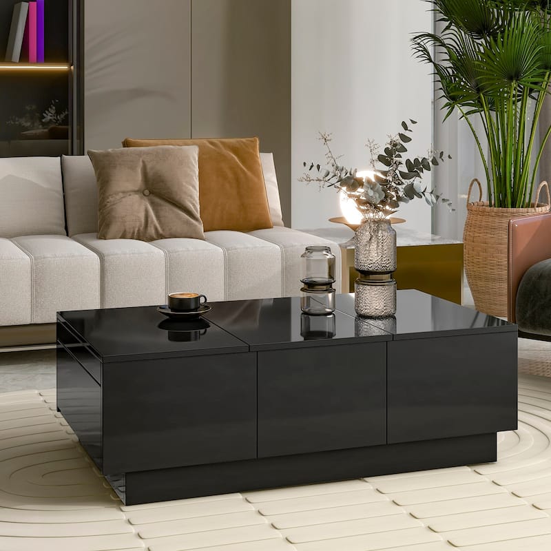 Roomfitters Modern High Gloss Coffee Table with Hidden Storage, Extendable Center Table with Sliding Top with Pull-Out