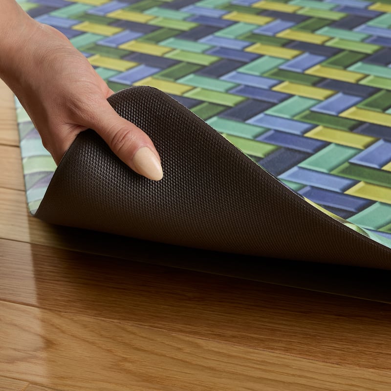 FIESTA Party Herringbone Tiles Modern Geo Anti-Fatigue Comfort Kitchen Mat, Non-Slip Floor Mat, Padded Standing Desk Mat - 20"x39" - Blue/Green/Yellow