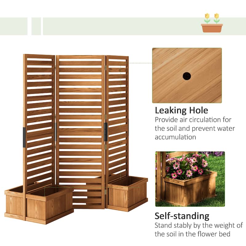 Outsunny Wood Privacy Screen with 4 Planter Box, Flower Pot Vegetable Raised Bed w/ 3 Panels and Drainage Holes for Patio