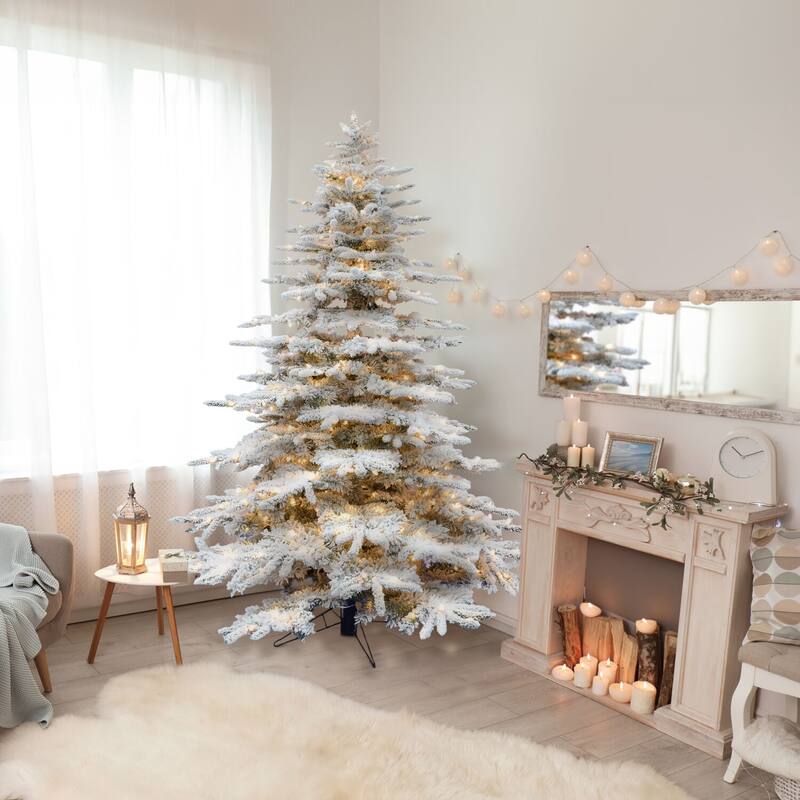 Fraser Hill Farm 10-Ft. Flocked Pine Valley Christmas Tree with Smart String Lighting