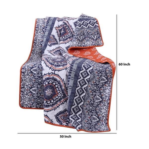 Thelon Fabric Throw Quilt With Chevron And Floral Prints Gray And Blue Overstock 32137577