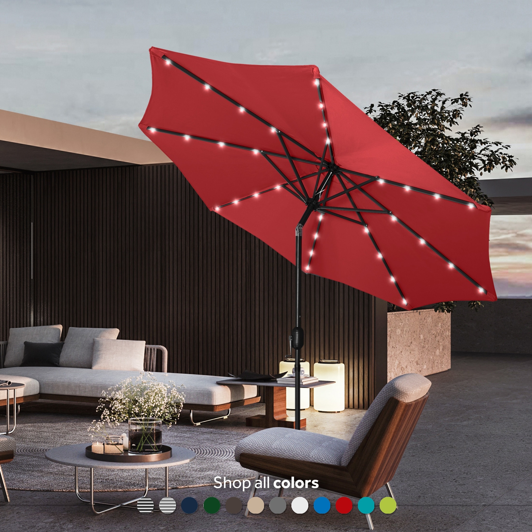 9' solar patio umbrella Sunnydaze 9-Foot Outdoor with Lights, Awning Stripe push button tilt and a hand crank that can easily cover the sun at any angle and power the solar lights at the same time Blissun 9 ft Solar Umbrella