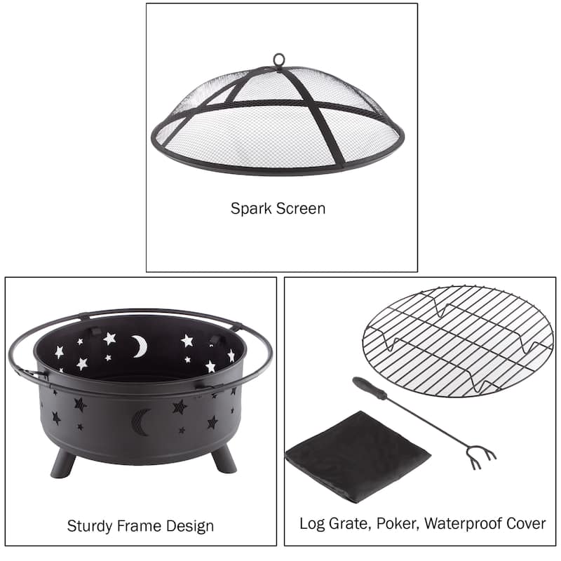 30-inch Round Star and Moon Firepit by Pure Garden - 30 x 30 x 20