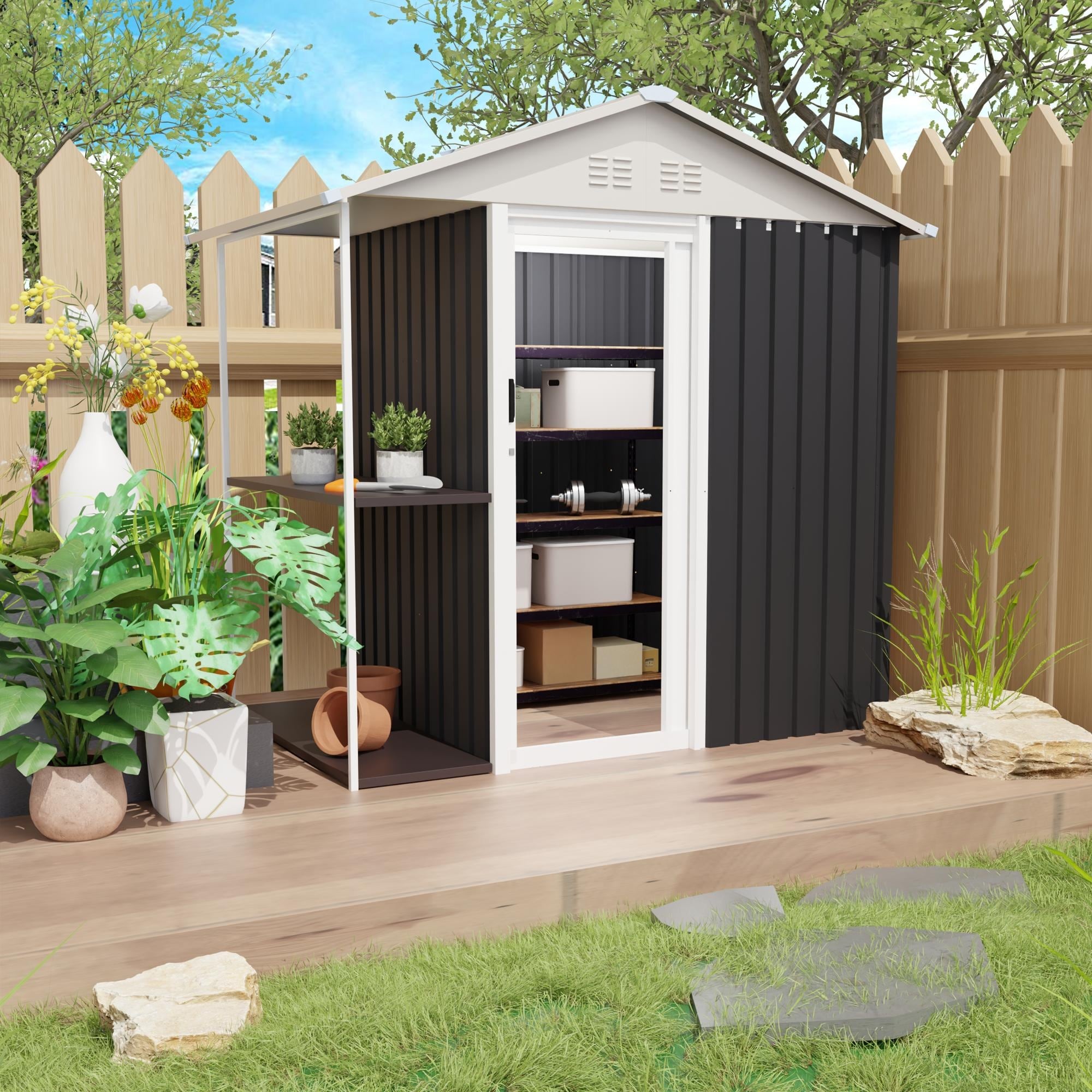6 x 4 FT Outdoor Storage Shed with Rack Metal Garden Shed with Storage Shelves Bike Storage Tool Cabinet Box