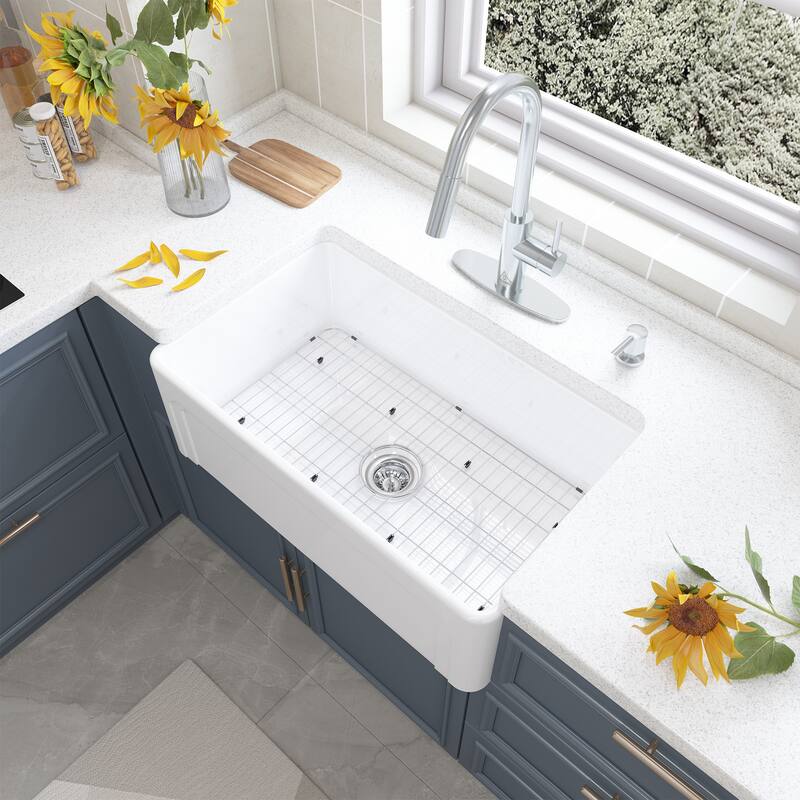 All-in-One Fireclay Farmhouse/Apron-Front Frame Design Reversible Installation Single Bowl Kitchen Sink with Kitchen Faucet Kit - 30 x 18 - Sink + Brushed Nickel Pull Down Kitchen Faucet