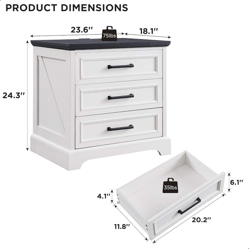 Farmhouse 3-Drawer Nightstand, Wide End Table with Charging Station