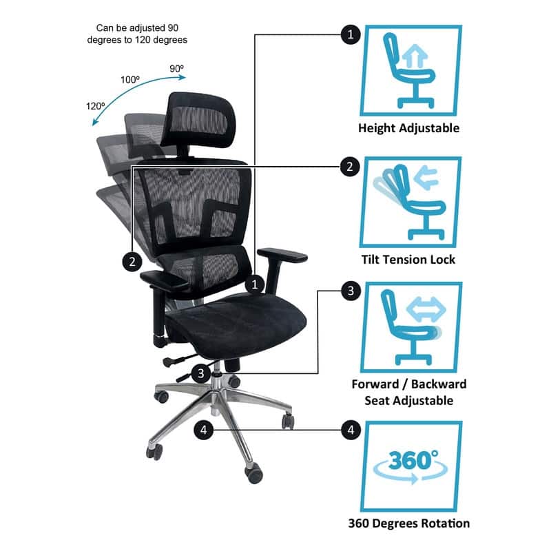 ErgoMax 53 in Tall Black Ergonomic Adjustable Office Chair w/ Aluminum Back and Base, Home Office Ergonomic Chair