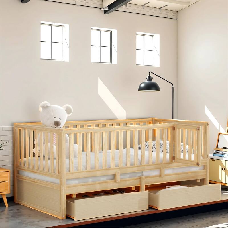 Twin Size Wood Daybed with Fence Guardrails and 2 Drawers - Natural