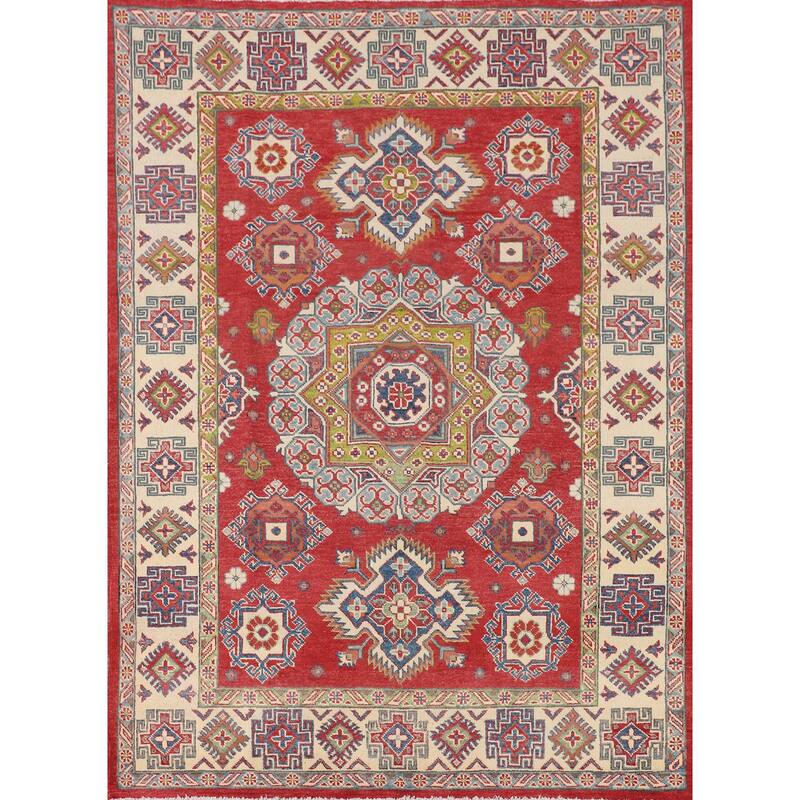 Kazak Oriental Area Rug Handmade Red Wool Carpet - 5'0" x 6'7"