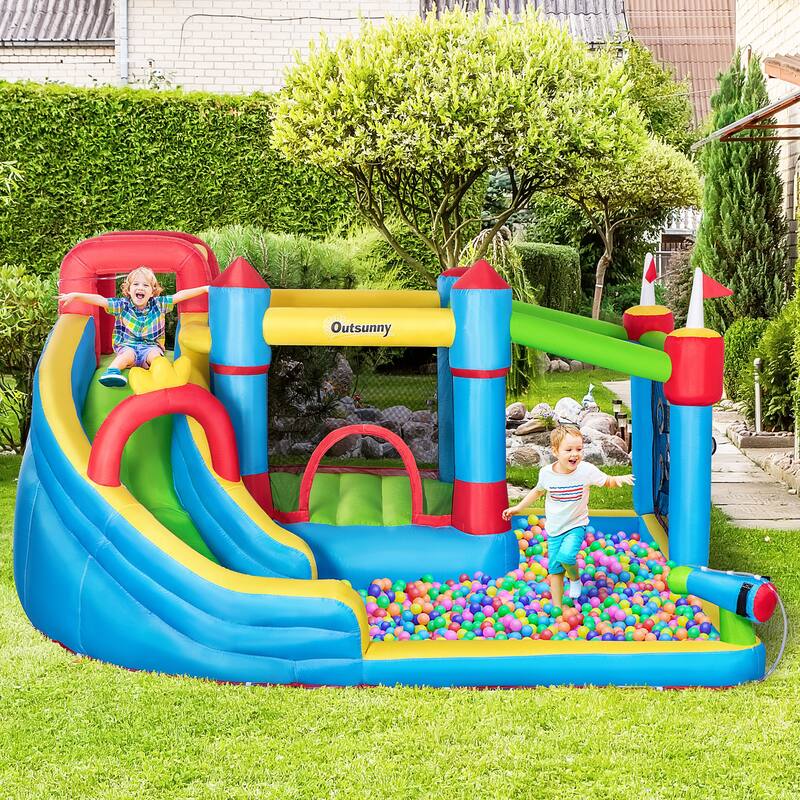 Outsunny 6-in-1 Inflatable Bounce House with Slide, Climbing Wall, Inflatable Water Slide for Kids with 2 Min