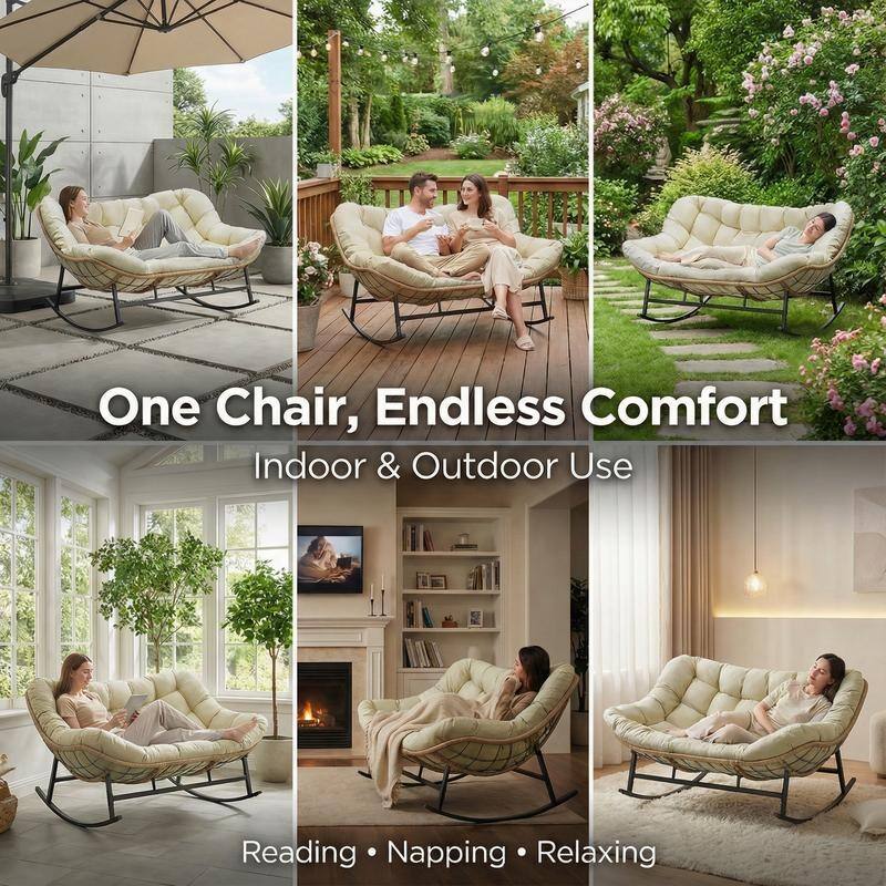 FINCATI Oversized Double Rocking Chair Outdoor Indoor, 40" D x 58" W Double Papasan Rocking Chair with Padded Cushion
