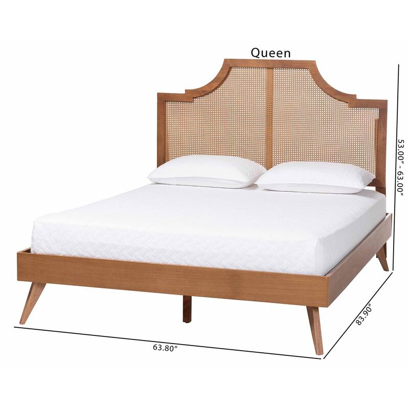 Rodolfo Platform Bed - Mid-Century Modern Bed with Woven Rattan Headboard, Queen