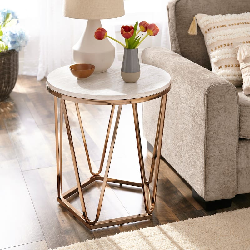 SEI Furniture Henderson Modern Faux Marble Round Side Table with Gold Geometric Base
