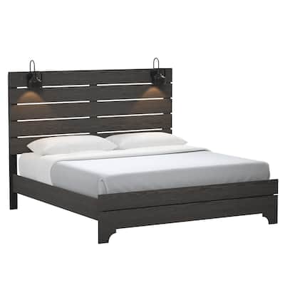 Farmhouse Queen Platform Bed in Stone Brown with Built-In LED Lighting and High Headboard, Easy Assembly