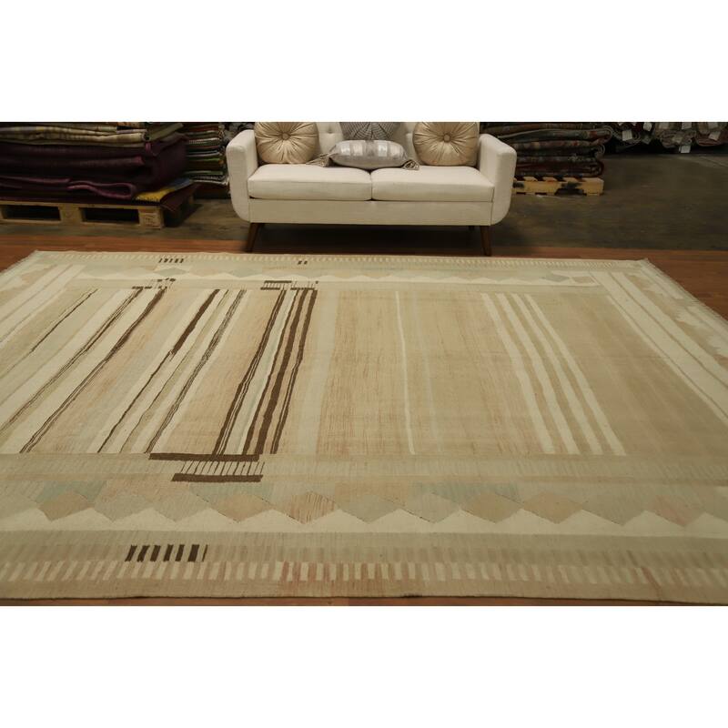 Hand Woven Oriental 100% Wool Carpet Southwestern Tribal Beige & Ivories Kilim Area Rug - 11' 8'' X 9' 4''