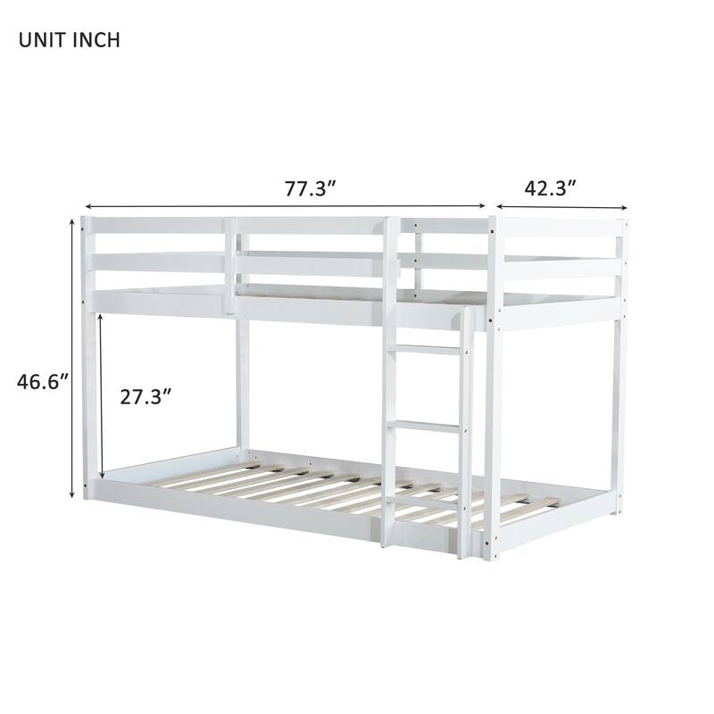 Low Loft Bed with Ladder, Solid Rubber Wooden Bed Frame for Multi Children, Floor Bed - Available with or without Slats