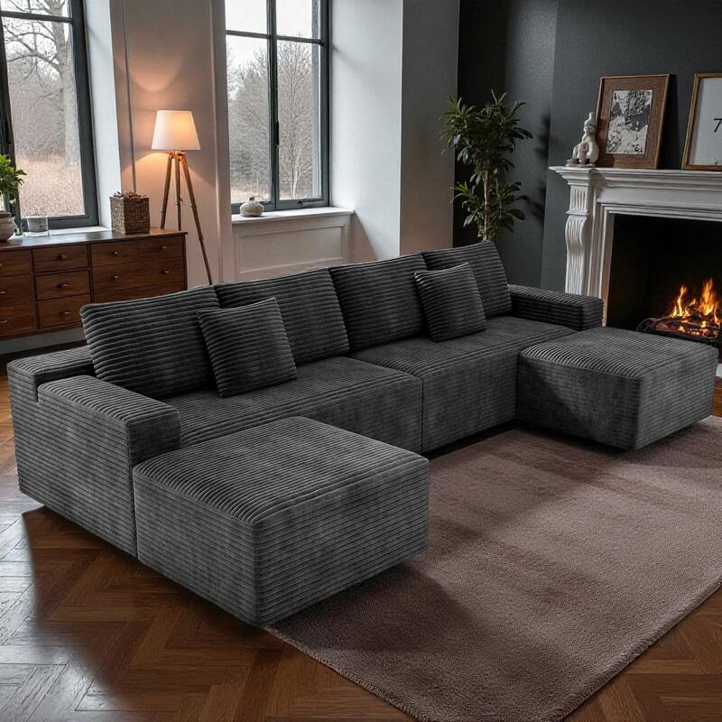 137.8" Modular Sectional Sofa 4-Piece Upholstered Corduroy Couch No Assembly Required, Plush Foam Seating for Living Room