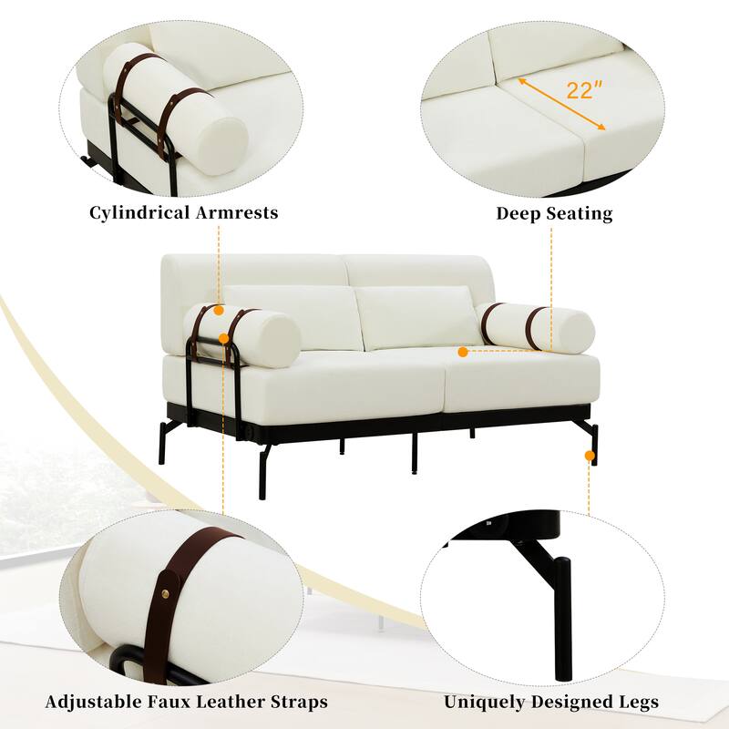 59" Chenille Modern Loveseat Sofa with USB Charging Ports, Cylindrical Armrests, and 440lb Capacity