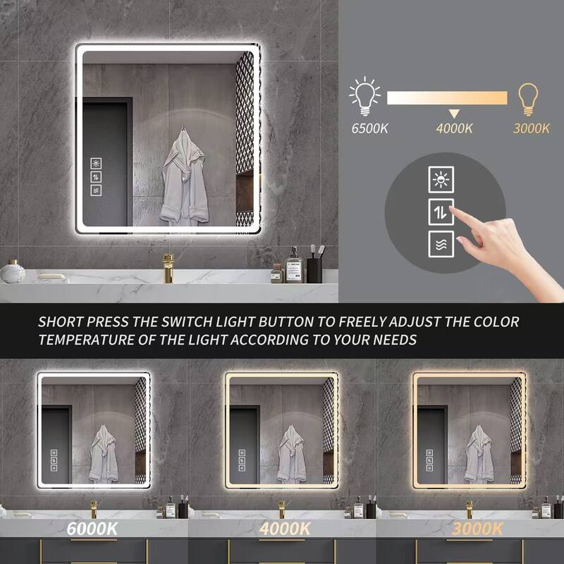 36 x 36 in LED Bathroom Mirror, Anti-Explosion Glass, Rust-Resistant, Anti-Fog Features, Tri-Color Changing - Silver