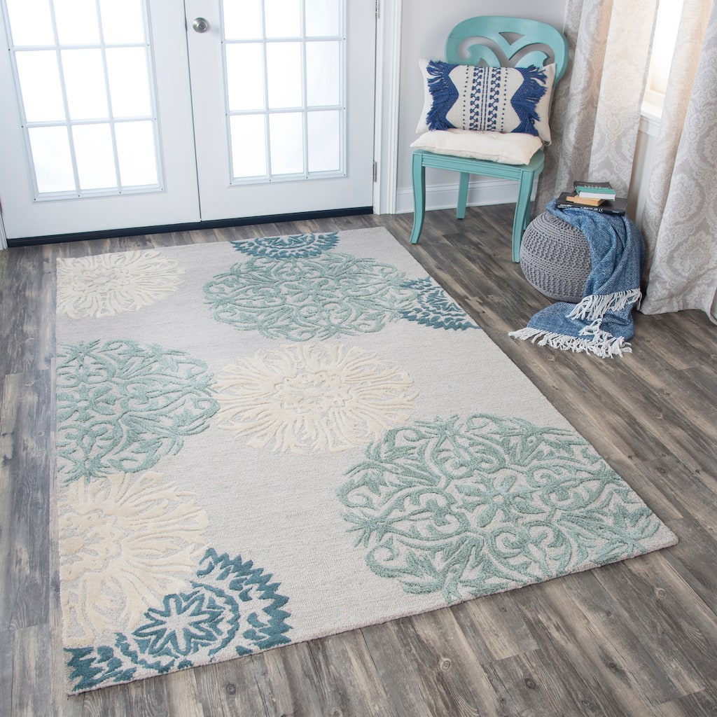 Alora Decor Charming Blue, Green, Grey, and Ivory Medallion Hand-tufted Wool Blend Rug