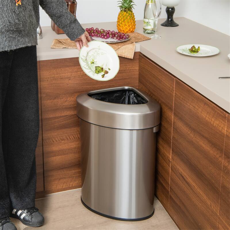 Gymax Stainless Steel Corner Trash Bin w/ Lid Large Open Top Anti-slip