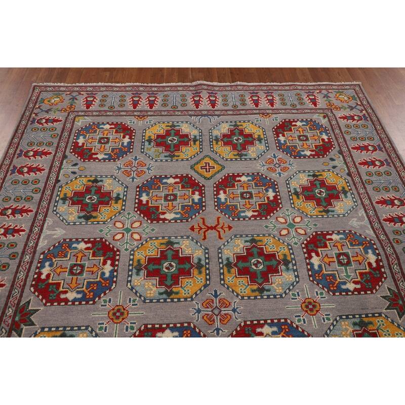 All-Over Gray Kazak Oriental Area Rug Handmade Wool Carpet - 6'4" x 9'7"