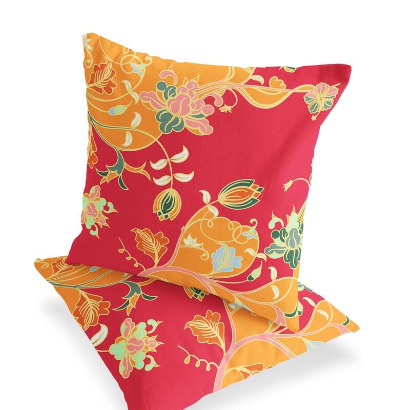 HomeRoots Set of Two 16" X 16" Green and Red Blown Seam Floral Indoor Outdoor Throw Pillow - 16.00' X '16.00' X '5.00