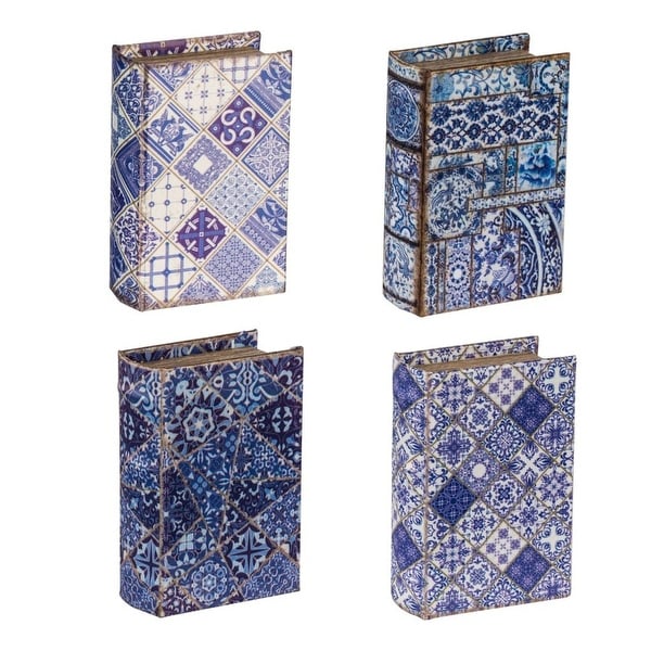 Set of 4 Blue and White Book Boxes with Lined Interior 5.5" - N/A
