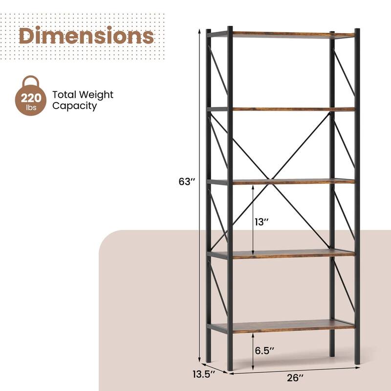 Costway 1/2 PCS 5-Tier Bookshelf, Industrial Tall Bookcase with Open