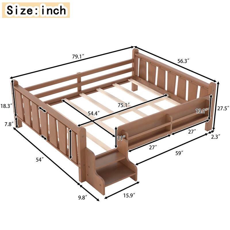 Full/Twin Floor Bed with Storage Bookcases & Cute Stairs - Solid Wood Kids Bed, No Box Spring
