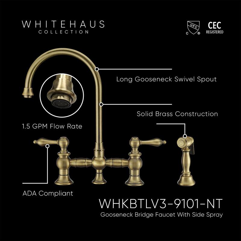 Vintage III Plus Bridge Faucet with Long Gooseneck Swivel Spout, Lever Handles and Solid Metal Side Spray