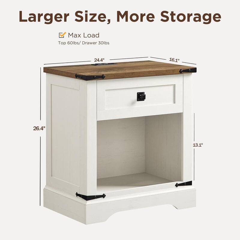 Farmhouse Nightstand with Charging Station，Beside Table for Bedroom