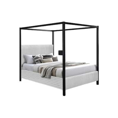 Keri King Size Canopy Bed, Black Slatted Wood Frame, White Upholstery