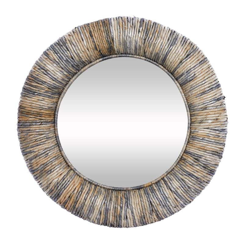 Gray Banana Leaf Room Wall Mirror with Coiled Frame and Blue Accents - 35 x 3 x 35 Round