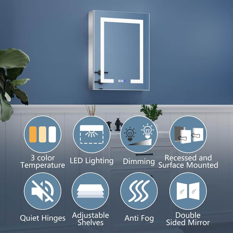 ExBrite LED Lighted Bathroom Medicine Cabinet with Mirror,Recessed or Surface Mount, Defog