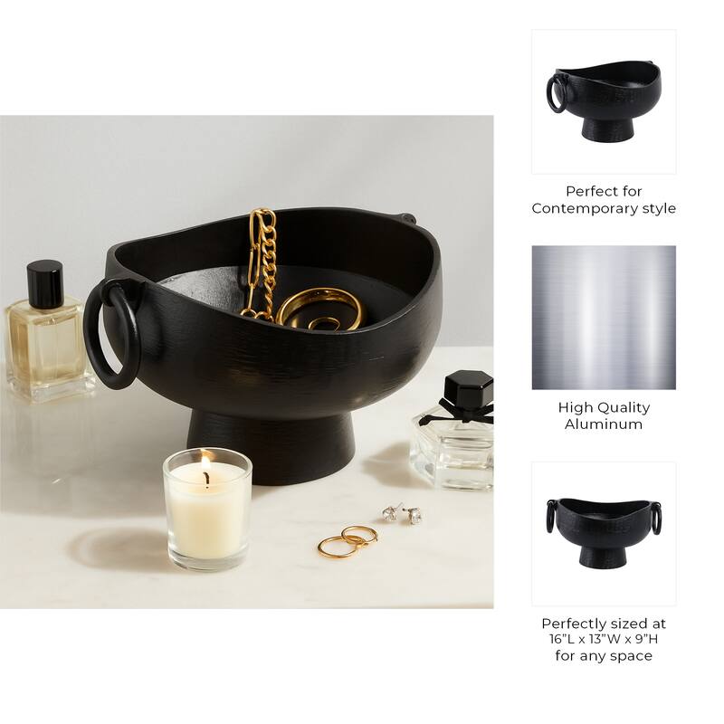 Sculptural Round Textured Decorative Bowl with Ring Handles - 9" Black - 16.0"