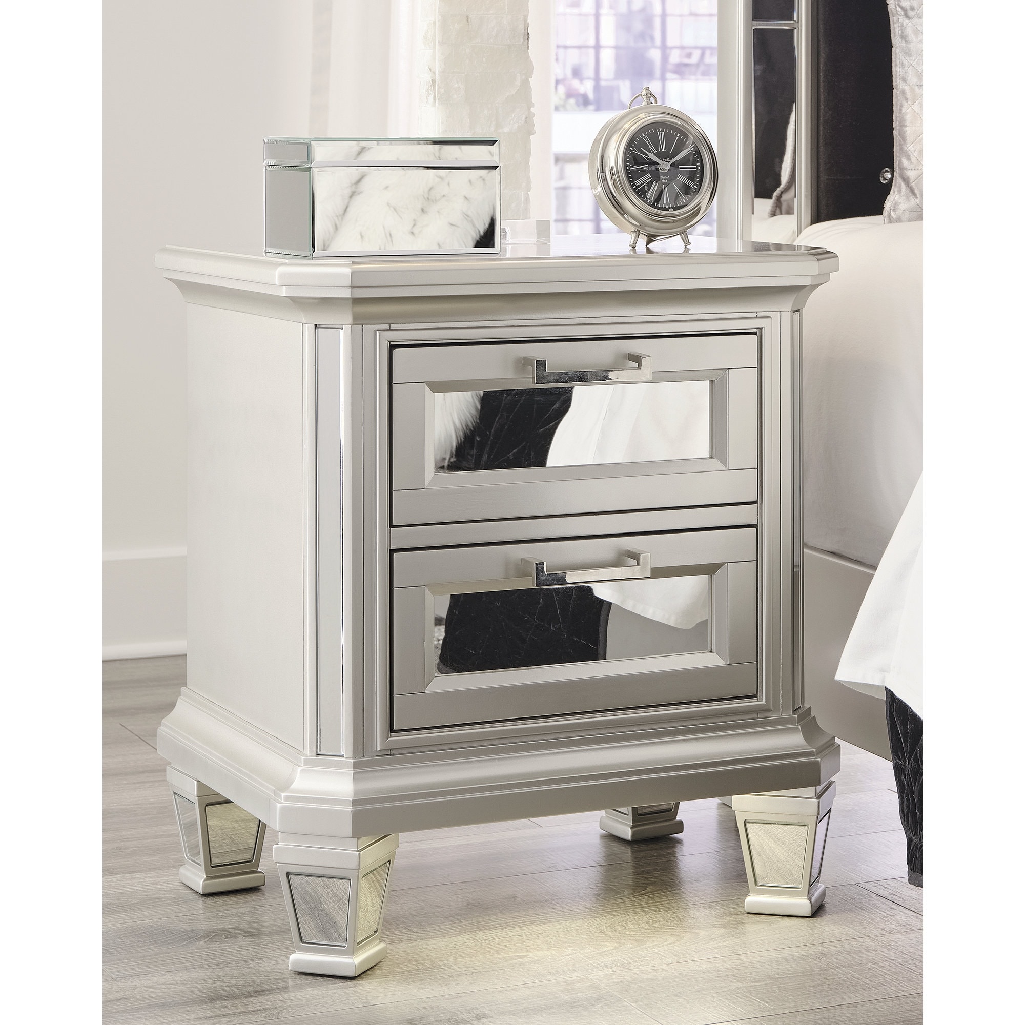 Ashley Furniture Lindenfield Silver 2 Drawer Night Stand - Bed