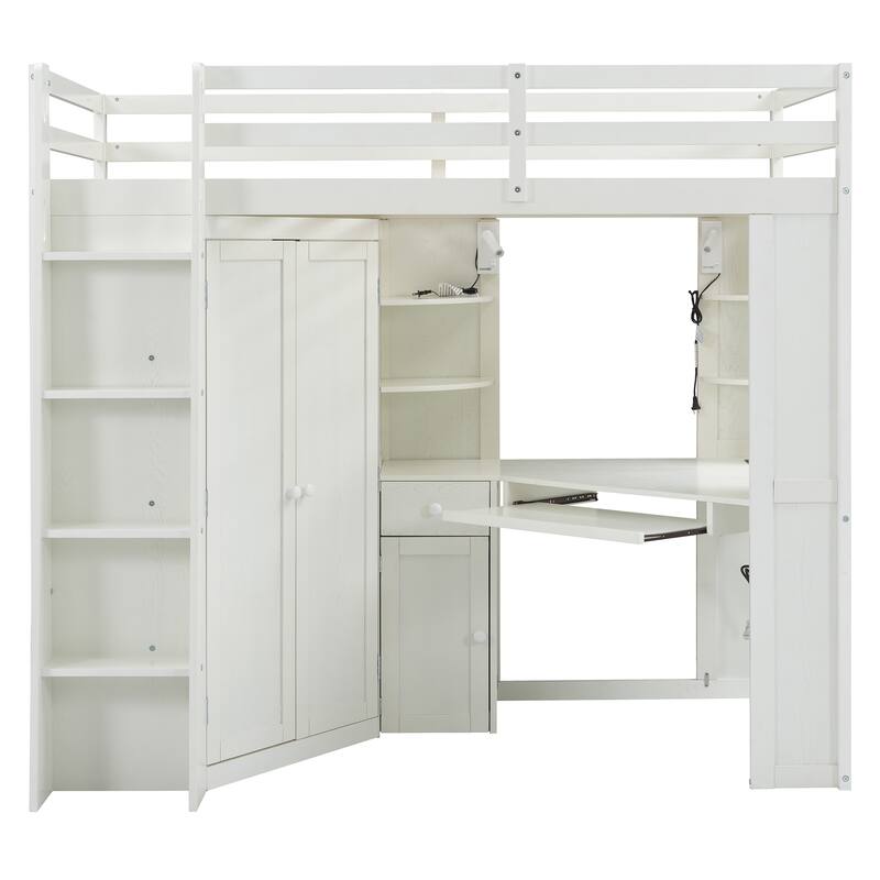 Twin Loft Bed with Integrated Wardrobe, Desk, Charging Station & Spotlights