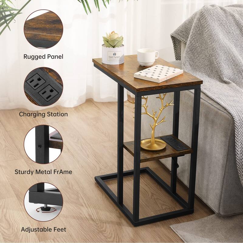 C Shaped End Table with Charging Station,Sofa Side Tables with USB