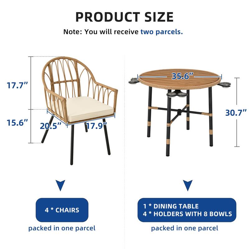 Moasis 5-piece Rattan Outdoor Patio Dining Set, Wicker Dining Chairs Table with Umbrella Hole