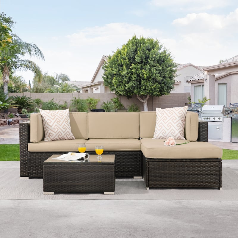 LIVOOSUN 5Pcs Outdoor Furniture Conversation PE Rattan Wicker Sofa Set - Beige