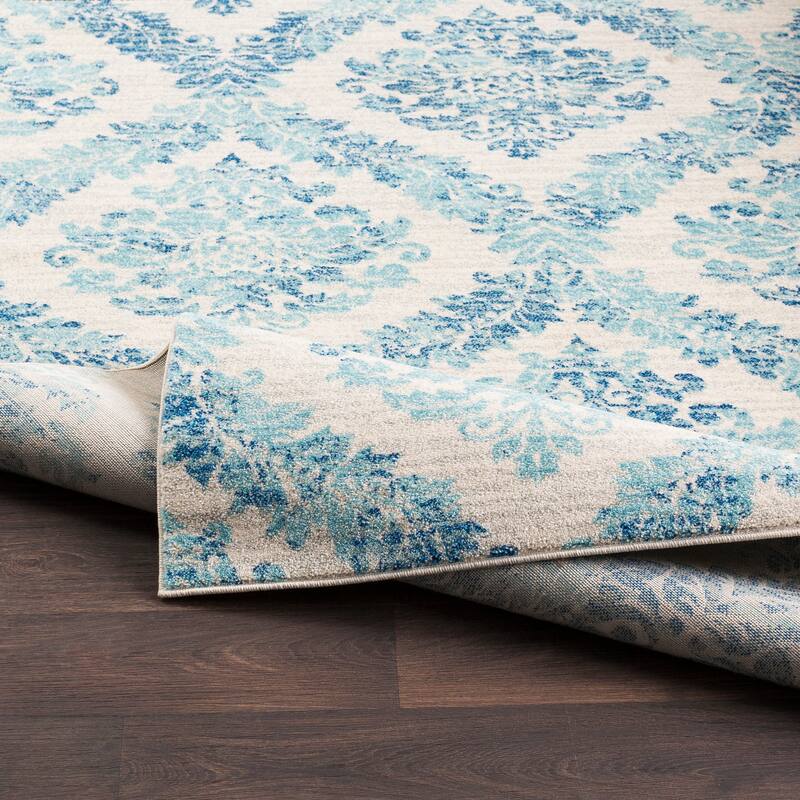 Riley Light Blue Damask Trellis Area Rug - 2' 7" x 7' 3"