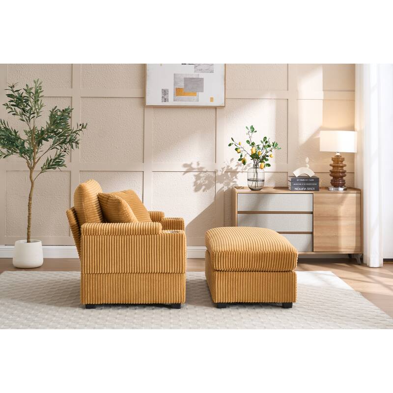 Corduroy Sofa Set with Ottoman, Handrail Storage & Cup Holders
