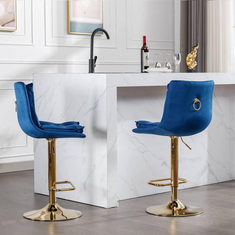 Set of 2 Adjustable Swivel Bar Stools, Blue Velvet with Chrome Footrest & Gold Legs