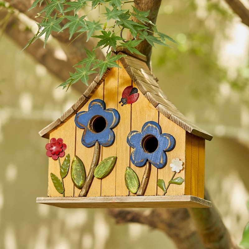 Glitzhome 10.5"H Distressed Solid Wood Birdhouse with 3D Flowers - 10.5"