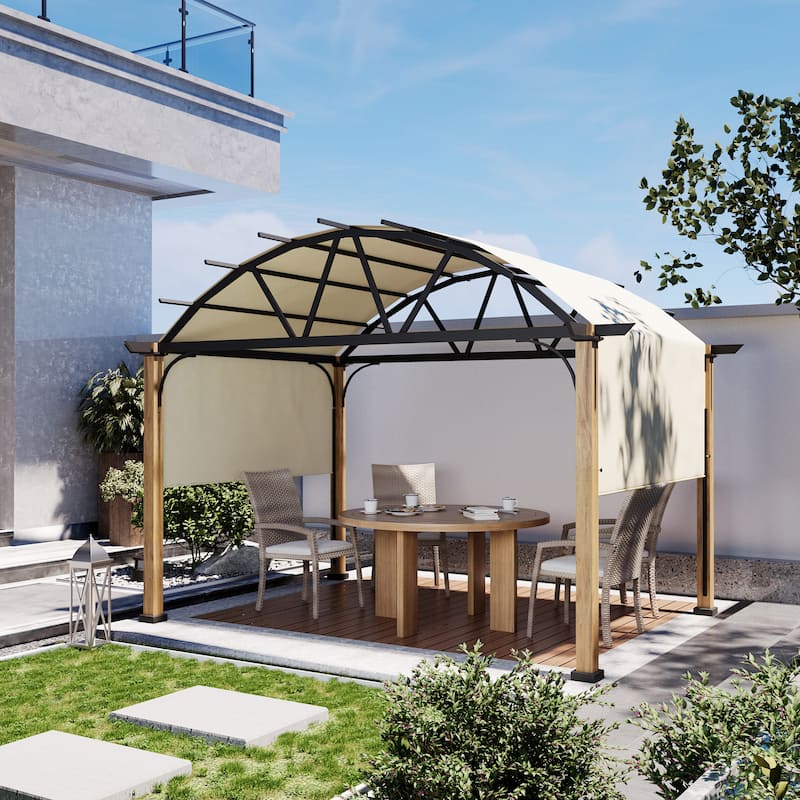 12 ft. x 12 ft. Wood Grain Aluminum Outdoor Pergola with Arched Canopy and Beige Retractable Shade - Multi