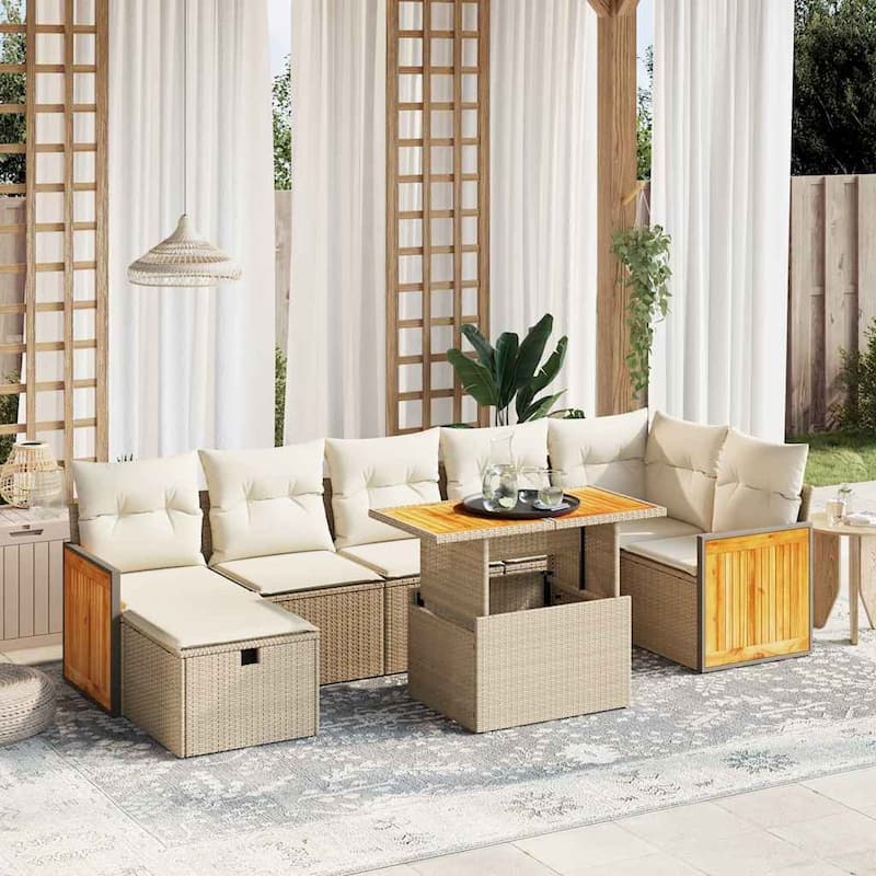 vidaXL Patio Sofa Set with Cushions Outdoor Conversation Furniture Poly Rattan - Beige and Cream-without storage - 21.7 x 39.4 x 28.7